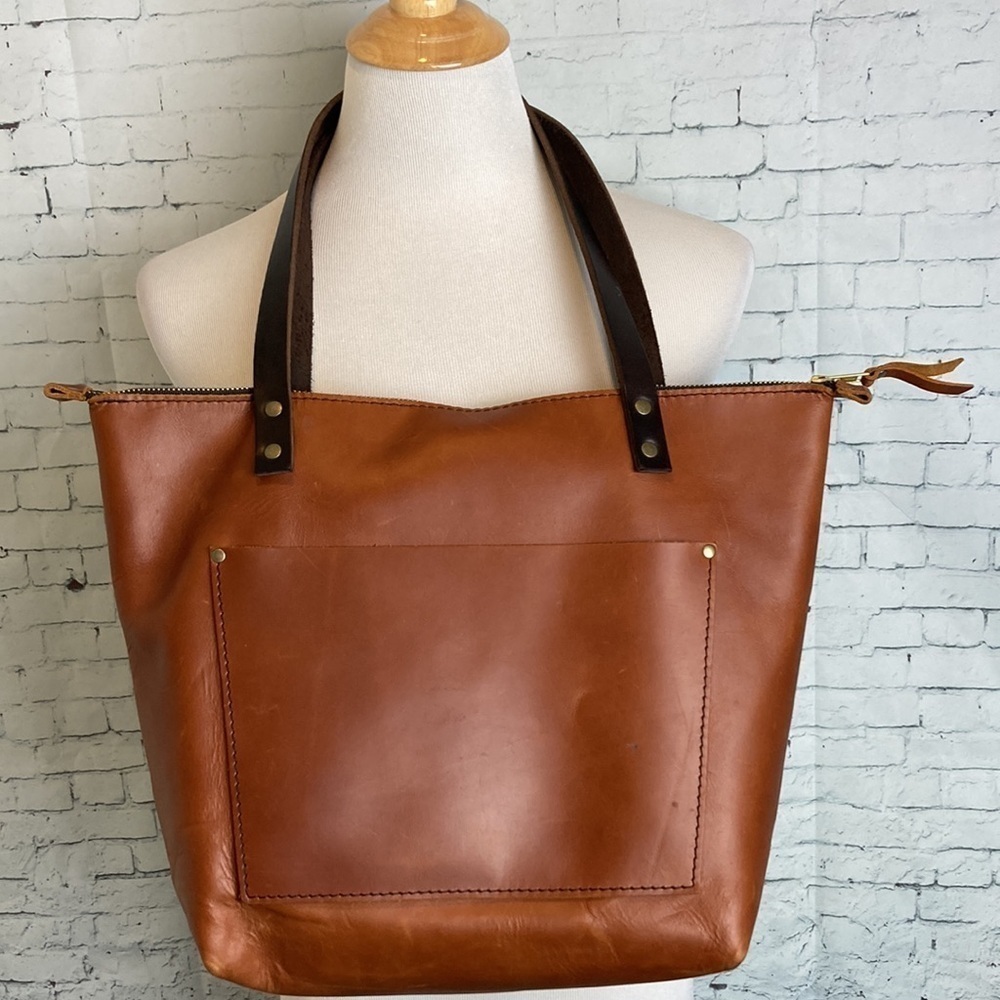 Portland Leather Goods Zip Top Tote Bag Artisan Leather Handbag Brown Medium - Picture 5 of 16